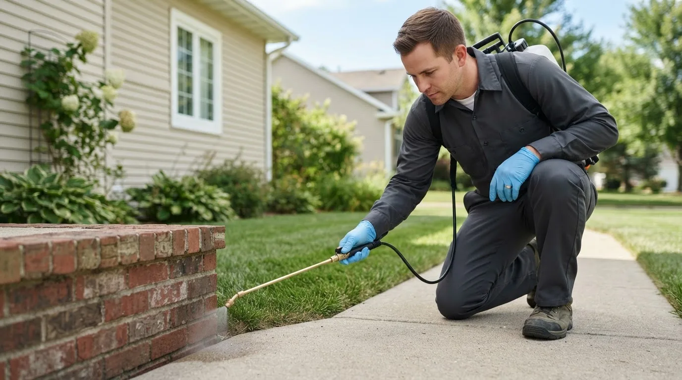 Pest control technician treating a home near South Heart, ND