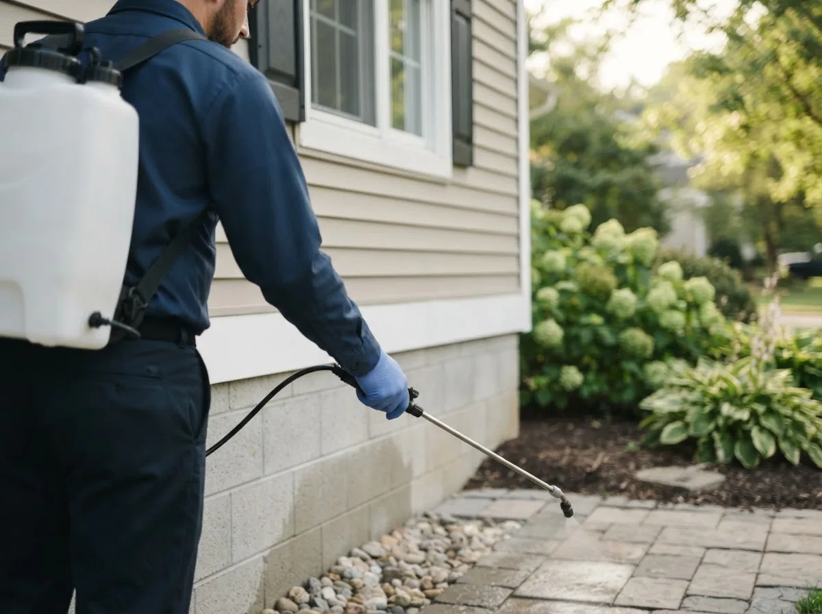 Pest control technician inspecting a home in South Heart, ND